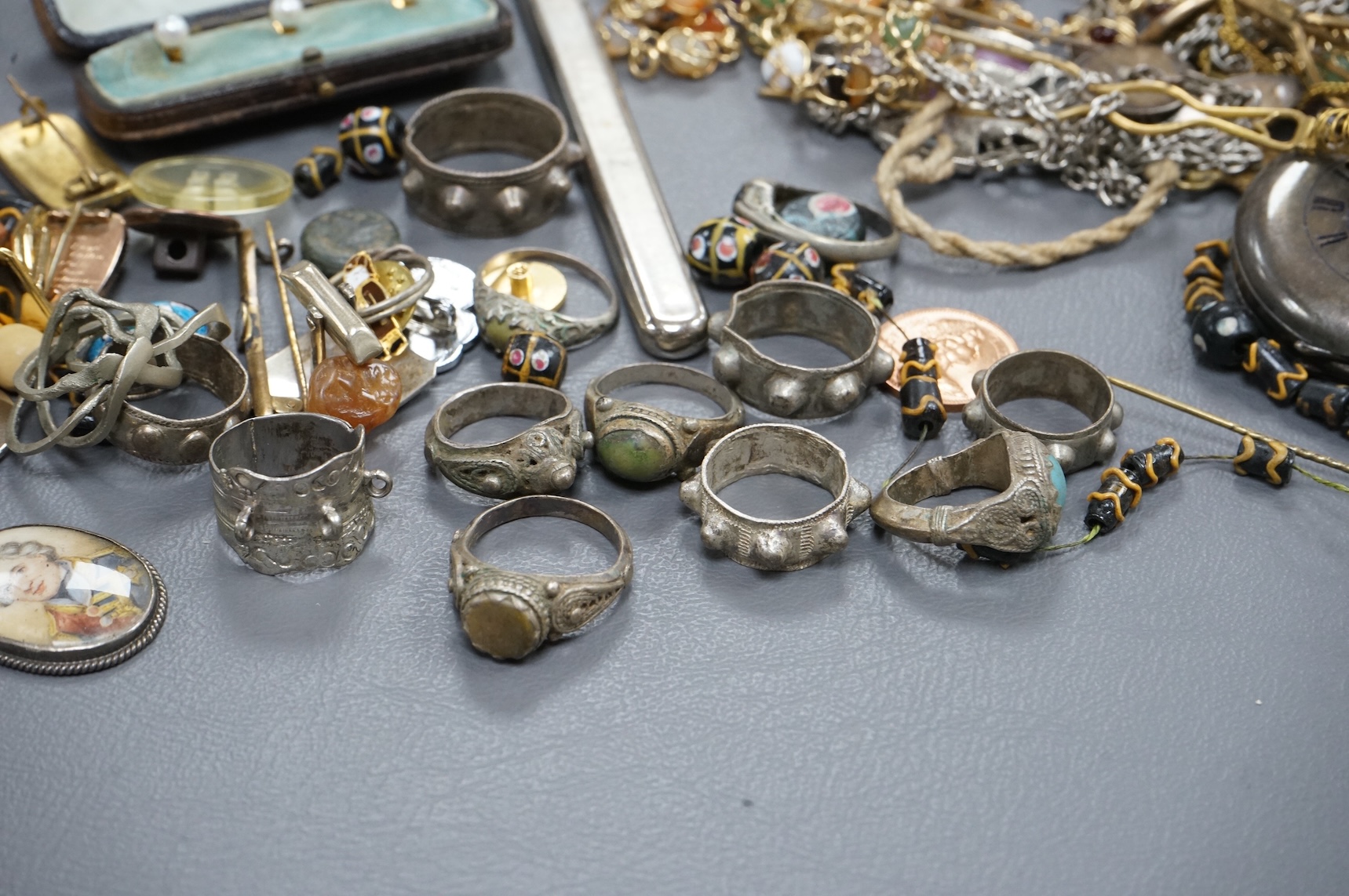 Group of mixed costume jewellery and other items including a George IV mourning brooch and a Swiss 935 standard white metal silver half hunter keyless pocket watch.
